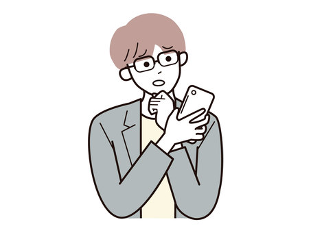 スマホと考える働く男性A/カラー スマホと考える働く男性A/カラー スマホ,考え込む,男性,お父さん,会社員,アドバイザー,20代,30代,40代,オフィスカジュアルのイラスト素材