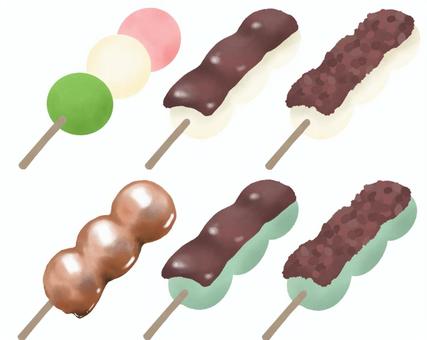 串団子　6本セット 串団子,団子,三色団子,みたらし団子,あん団子,草餅,和菓子,和スイーツ,あんこ,粒あんのイラスト素材