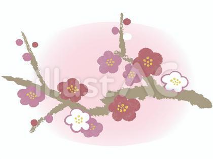 ちぎり絵風の梅の枝、背景あり、横長