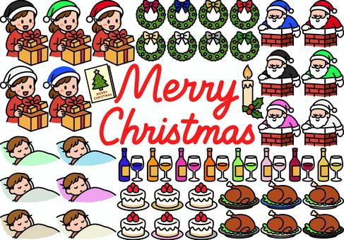 クリスマスのイラストです。 クリスマス,文字,シンプル,プレゼント,サンタクロース,煙突,クリスマスリース,シャンパン,ケーキ,ローストチキンのイラスト素材