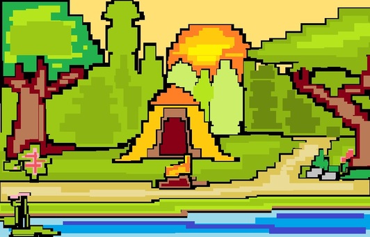 ドット絵　夕方のキャンプ場 キャンプ,森,夕方,テント,ドット絵のイラスト素材