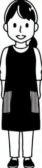 白黒・エプロンの女性 モノクロ,白黒,大人,女性,一つ結び,全身,エプロン,長袖,ズボン,パンツのイラスト素材