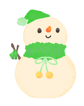 【水彩風手描き】かわいい雪だるま２（緑） ゆきだるま,雪遊び,外遊び,スノーマン,冬,雪,緑,グリーンのイラスト素材