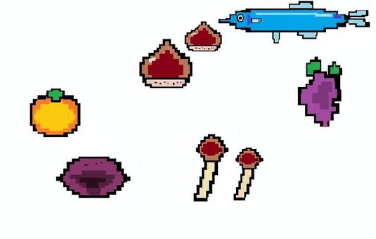 秋の味覚 秋の味覚 食べ物,キノコ,マツタケ,秋刀魚,ドット絵,ブドウ,栗のイラスト素材