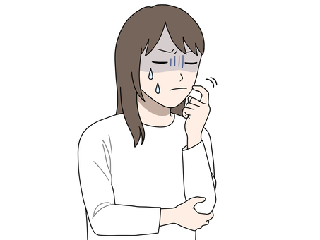 気まずくて頬を掻く女性 女性,白,長袖,セミロング,冷や汗のイラスト素材