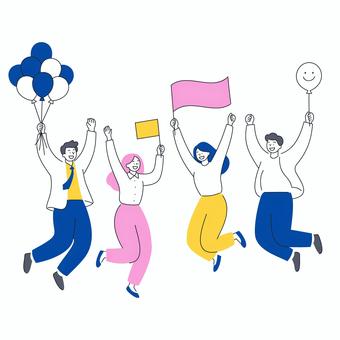 イベントで賑やかに盛上げるビジネスチーム 人物,男女,応援,イベント,笑顔,ジャンプ,風船,旗,喜び,元気のイラスト素材