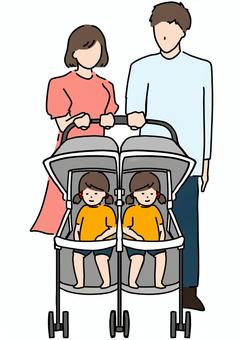 双子専用ベビーカーと女児と夫婦　カラー 専用,ベビーカー,夫婦,双子,親子,女児,カラーのイラスト素材
