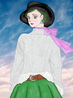 スカーフをまいた女性 女性,スカーフ,ピンク,セーター,緑のイラスト素材