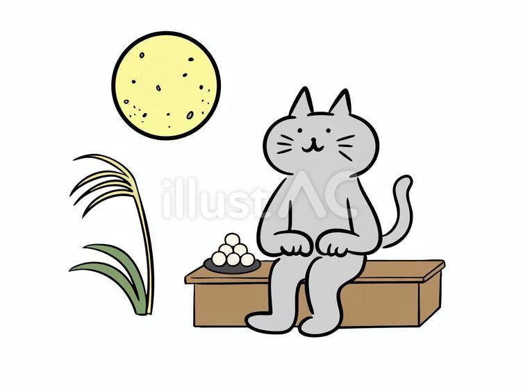 お月見をする猫（カラー） 猫,お月見,月見のイラスト素材
