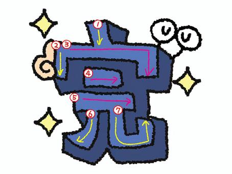 完　漢字　書き順あり 完,フォント,漢字,立体,文字絵,目,書き順,矢印,7画,可愛いのイラスト素材