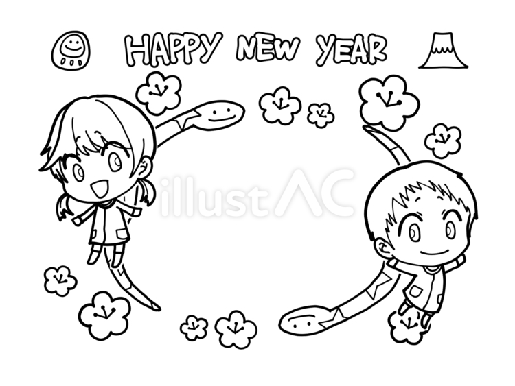 年賀状を届けよう1(線画) 年賀状,巳年,蛇のイラスト素材