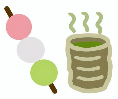 お茶と団子 お茶,だんこ,お団子,三色団子,煎茶,湯呑,和菓子,和,おやつ,湯気のイラスト素材