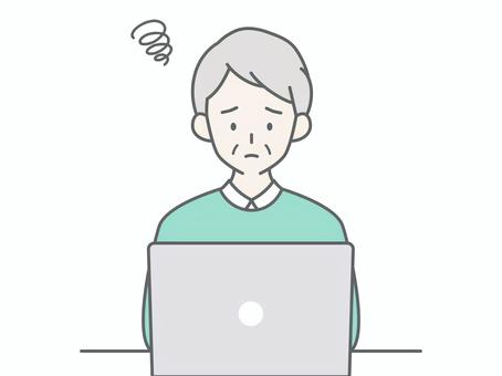 パソコンを見て悩むシニア男性 人物,男,祖父,おじいちゃん,老人,高齢者,お年寄り,シニア,白髪,悩むのイラスト素材