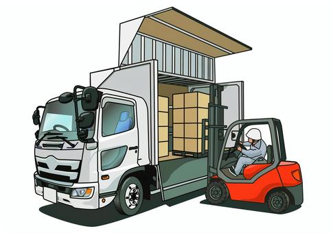 フォークリフトで荷物を積も込みトラック 運送,中型トラック,ウイング車,フォークリフト,積み込み,荷役,4トン,トラック,リフト,荷物のイラスト素材
