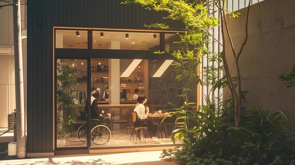 カフェの窓辺の風景 カフェの窓辺の風景 カフェ,店舗,車椅子のイラスト素材