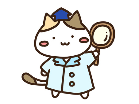 虫眼鏡を持って講義するかわいい博士三毛猫 虫眼鏡,博士,講義,研究,先生,ねこ,探求,理科,説明,お話のイラスト素材