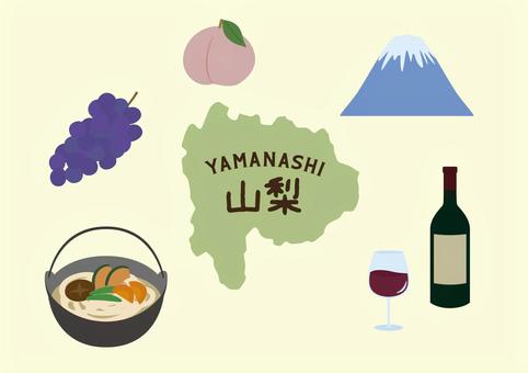 山梨イラストセット 山梨,甲府,ワイン,ぶどう,桃,富士山,ほうとう,地図,ご当地,観光地のイラスト素材