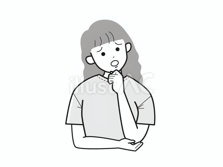顎に手を当て首を傾げる若い女性／白黒 女性,女子大生,成人のイラスト素材