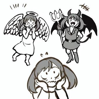 天使と悪魔の声 女の子,天使,悪魔,デフォルメ,迷う,悩む,選択,表情,揺らぎのイラスト素材