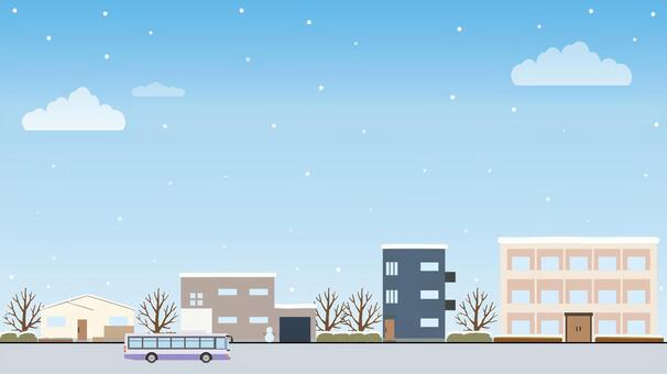 雪降る冬の街並み背景 冬,街並み,冬の街並み,バス,建物,住宅,道路,青空,雲,木のイラスト素材