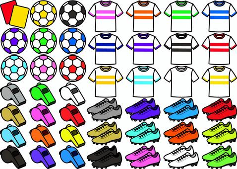 サッカーのアイテムです。 サッカー,シンプル,サッカーボール,スパイクシューズ,ユニフォーム,審判,ホイッスル,イエローカード,レッドカード,選手のイラスト素材
