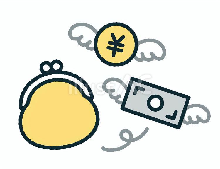 がま口財布と飛んでいくお金 がま口,お札,金銭のイラスト素材