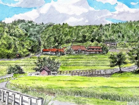 真夏の里山 風景画,風景,水彩画,スケッチ,ペンスケッチ,里山,田舎,夏,田んぼ,稲穂のイラスト素材