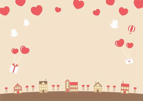 バレンタインの街並みの背景01 バレンタイン,ハート,街並み,背景,フレーム,プレゼント,ガーランド,風船,2月,冬のイラスト素材