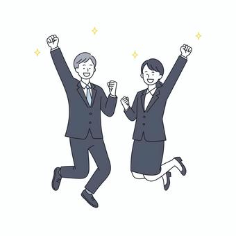 喜びのジャンプをするビジネス男女 人物,男女,ビジネス,就活,スーツ,喜び,成功,達成,ガッツポーズ,笑顔のイラスト素材