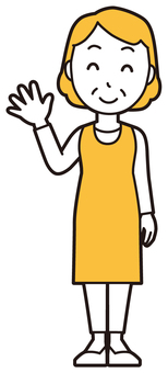  エプロンおばちゃん(黄)-115-全身 笑顔,おばちゃん,エプロン,お母さん,ママ,中年,おばさん,主婦,人物,かわいいのイラスト素材