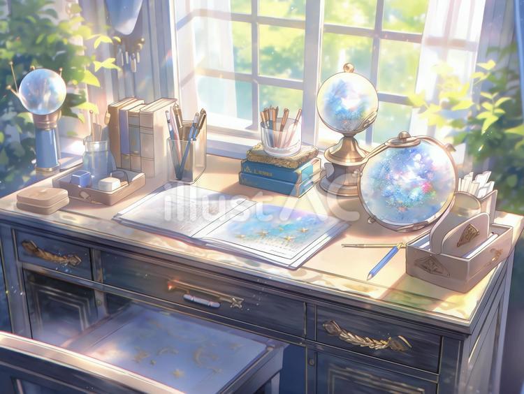 クリスタルや文具のあるファンタジー風な机 机,椅子,文房具のイラスト素材