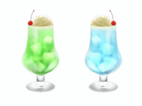 ２色のクリームソーダ メロンソーダ,クリームソーダ,ブルーハワイ,アイスクリーム,さくらんぼ,氷,おやつ,グラス,ドリンク,デザートのイラスト素材