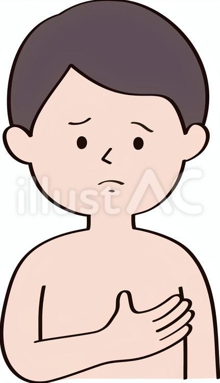 胸に違和感を持つ短髪男性 男性乳がん,癌,しこりのイラスト素材