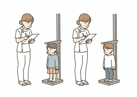 身長を測る子どものイラストセット 身長測定,体重測定,健康診断,子ども,学校,保健室,看護師,検診,成長,記録のイラスト素材