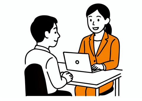 パソコンで顧客と相談を行う女性スタッフ 女性,スタッフ,接客,会議,相談,説明,転職,ミーティング,面接,打ち合わせのイラスト素材