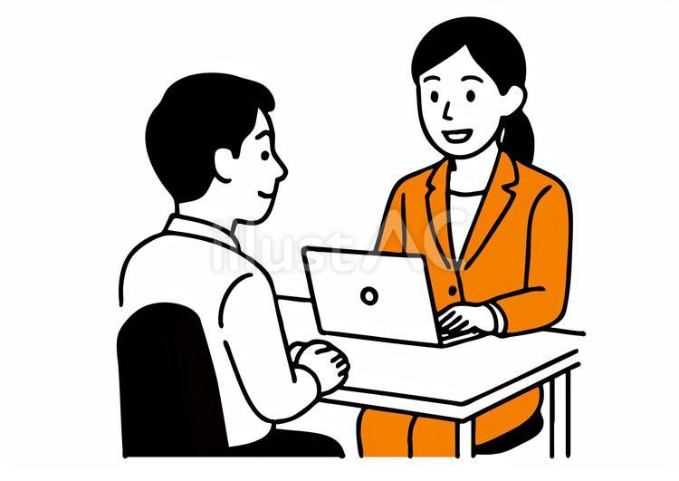 パソコンで顧客と相談を行う女性スタッフ 女性,スタッフ,接客のイラスト素材