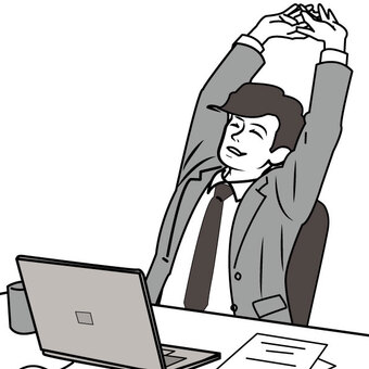 デスクで背伸びをしているサラリーマン 仕事終わり,残業,達成感,リラックス,一息,解放感,笑顔,背伸び,ストレッチ,サラリーマンのイラスト素材