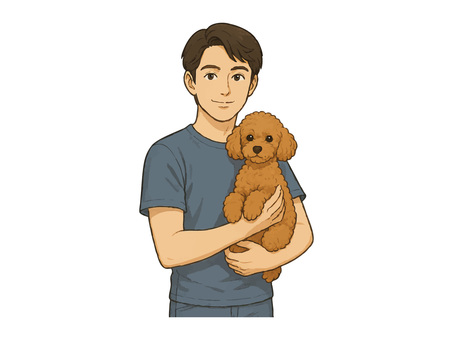 トイプードルを抱っこする男性のイラスト
