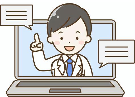 オンライン診療をする男性医師 医師,医者,男性,オンライン診察,オンライン診療,オンライン,遠隔診療,リモート,パソコン,かかりつけ医のイラスト素材