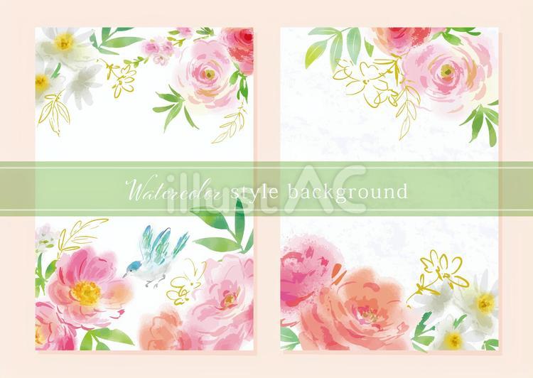 水彩風の草花と鳥の背景用イラストセット 花,草花,水彩のイラスト素材