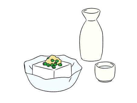 冷奴とお酒 冷奴,豆腐,とっくり,おちょこ,日本酒,おつまみ,肴,居酒屋メニュー,生姜,ネギのイラスト素材