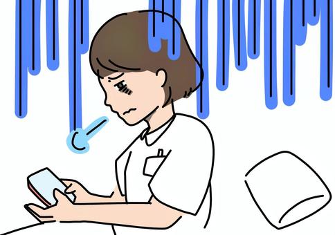 仮眠から目覚める疲労した看護師　カラー 仮眠,女性,看護師,ストレス,限界,疲労,スマホ,夜勤,カラーのイラスト素材