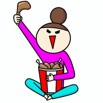 フライドチキンを持つおだんごの女性 女性,チキン,フライドチキン,たくさん,肉,食べる,テイクアウト,ファストフード,大量,鶏肉のイラスト素材