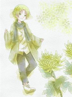 男の子 人物,男の子,キャラクター,水彩,黄色,菊,花,一枚絵,かっこいい,かわいいのイラスト素材