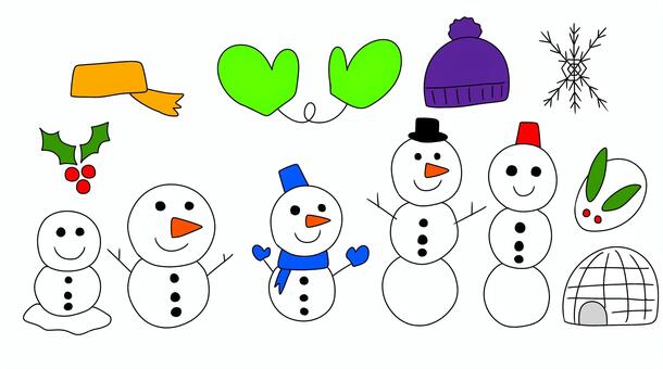 雪だるまセット 雪,雪だるま,冬,かわいい,防寒,季節,柊,実,植物,マフラーのイラスト素材