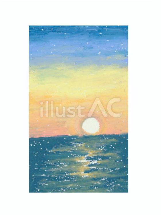 夕方の空と海　手描きイラスト 空,海,夕日のイラスト素材