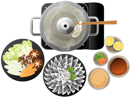 ふぐしゃぶ しゃぶしゃぶ,ふぐ,鍋物,料理,食べ物,冬,たれ,もみじおろし,ネギ,カボスのイラスト素材