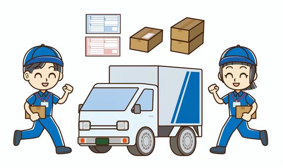 宅配スタッフ＆トラックセット（青） 宅配便,配達,宅配,宅配スタッフ,作業着,段ボール箱,荷物,トラック,伝票,走るのイラスト素材