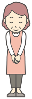  エプロンおばちゃん-082-全身 おじぎ,笑顔,おばちゃん,エプロン,お母さん,ママ,中年,おばさん,主婦,人物のイラスト素材