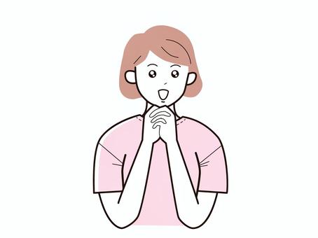 手を組んで目を潤ませる女性／カラー 上半身,半袖,両手,潤ませる,キラキラ,女性,お母さん,ママ,学生,社会人のイラスト素材